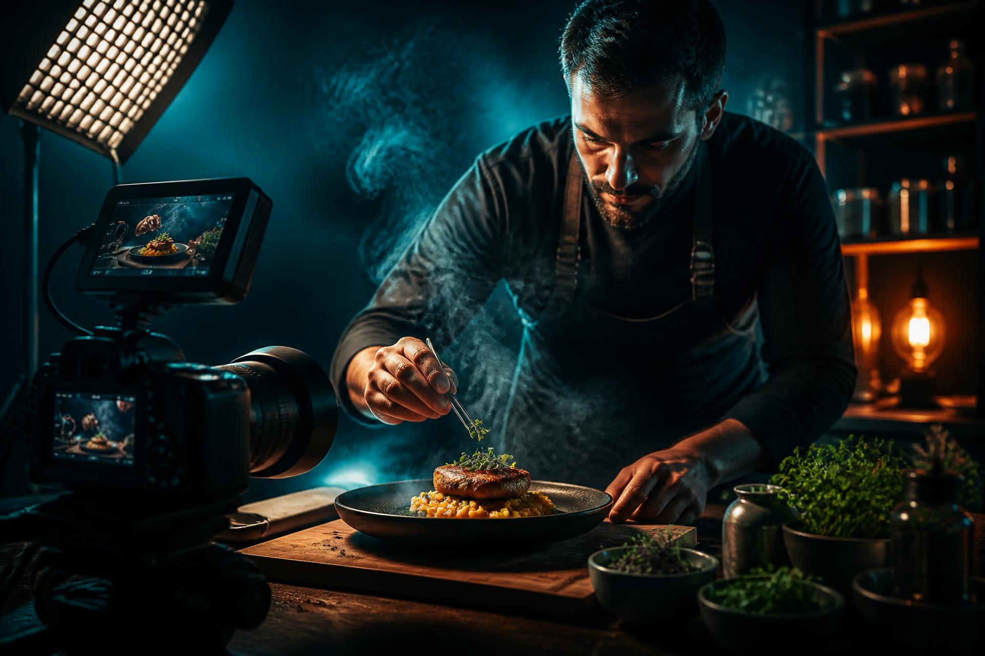 Chef finalizando um prato enquanto a equipe da Âmbiton grava o processo